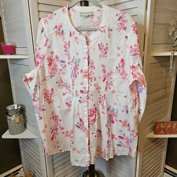 Woman Within Plus Size 1X 22/24, White with Pink Flowers, Button Down Blouse - Picture 1 of 9